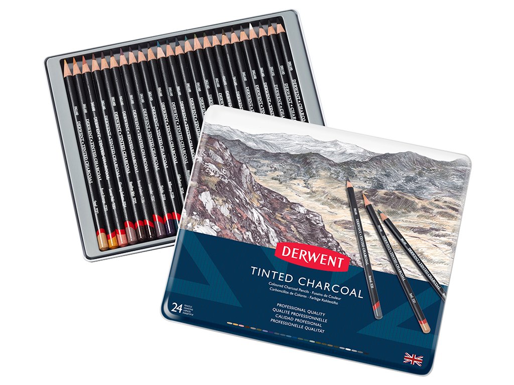 Tinted charcoal pencils Derwent 24pcs metal box