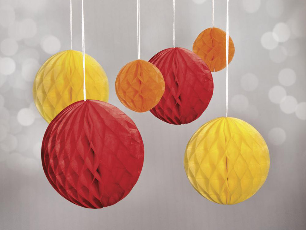 Dekoratiivpall kärgpaberist Rayher riputatav 5-10cm 6tk punane/kollane/oranz