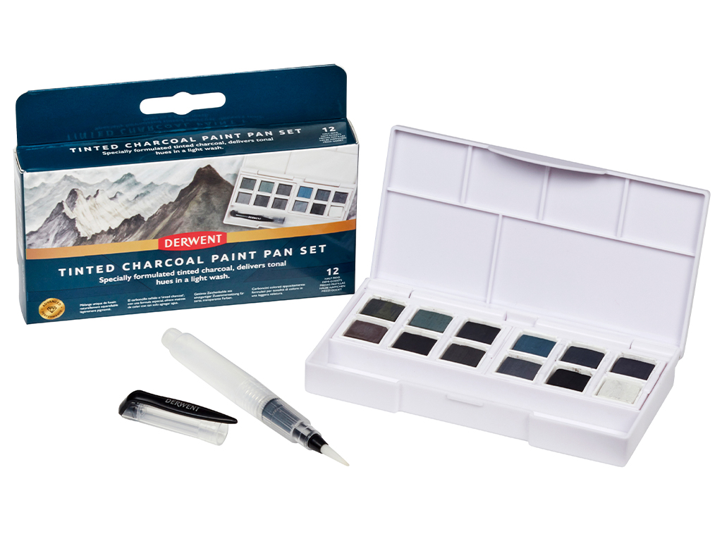 Akvareliniai dažų rinkinys Derwent Tinted Charcoal 12x1/2 kubelių+teptukas su indeliu vandeniui plastikinė dėžutė